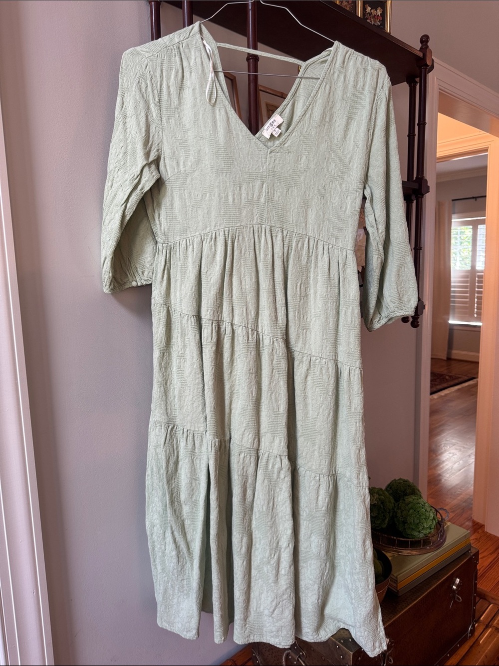 Umgee Mint Textured V-Neck Tiered Dress